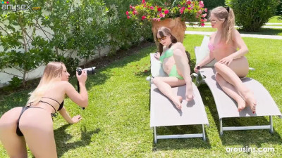 Backyard pornshoot of a lesbian party between Kate Quinn, Dee Vine and Sofi Noir