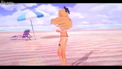 Tanned elf Shiranui Flare gets a beach threesome during her PMV shoot