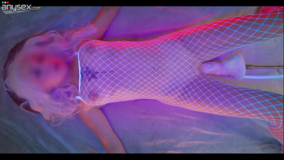 Great solo through a fishnet costume using a dildo