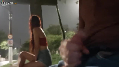 Skinny redhead jerked a stranger off on the bus stop