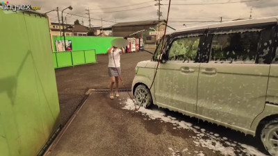 Japanese public fuck on a car wash with a hot MILF babe in skirt