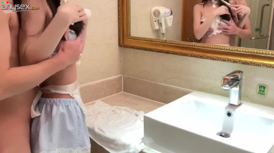 Stunning Slim Asian Maid Gets Her Huge Boobs Jizzed After Hot Sex With Her Boss In the Bathroom